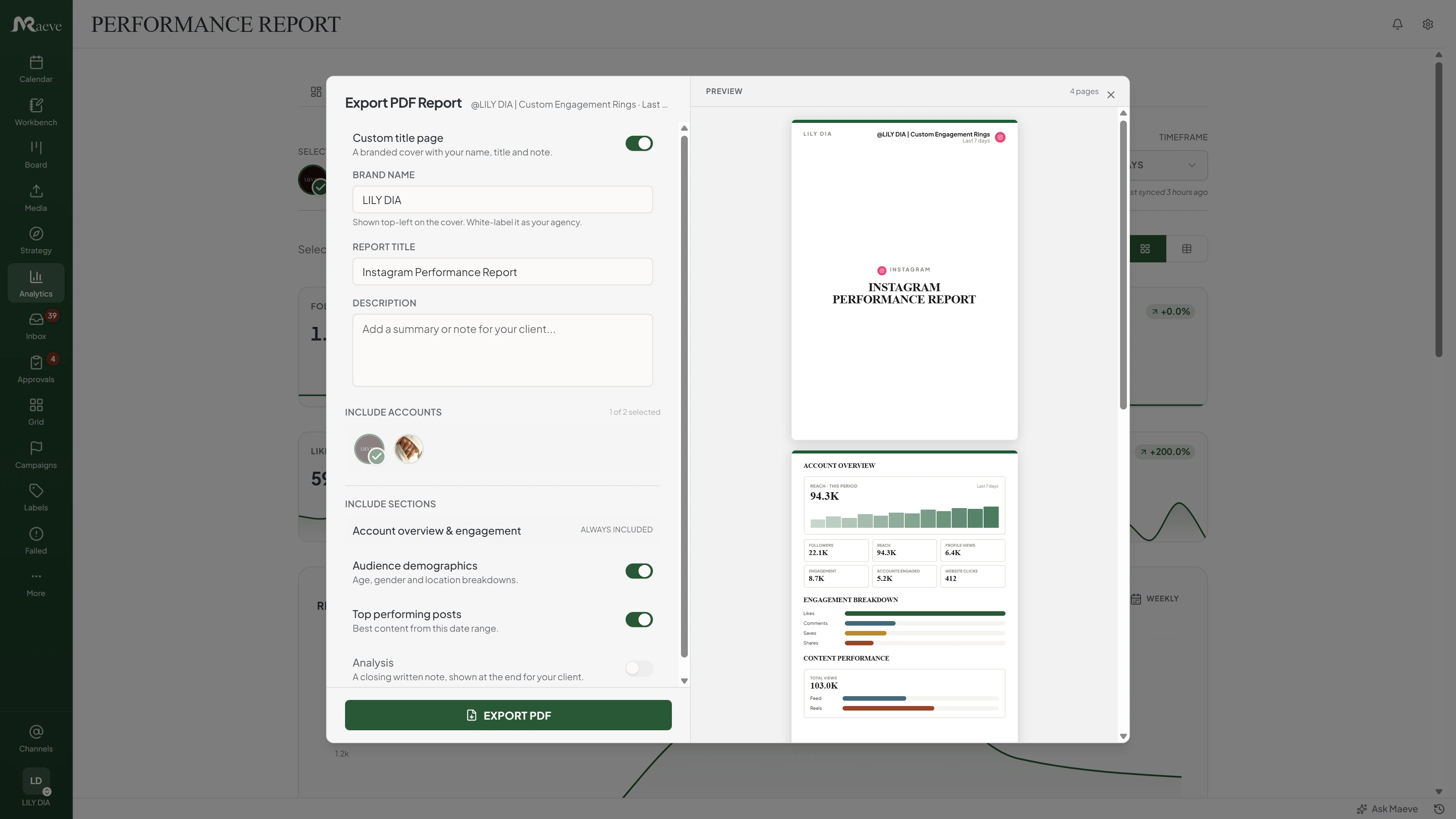 Maeve analytics with the Export PDF Report panel open, showing a branded cover and a TikTok performance report preview with reach, followers, and engagement