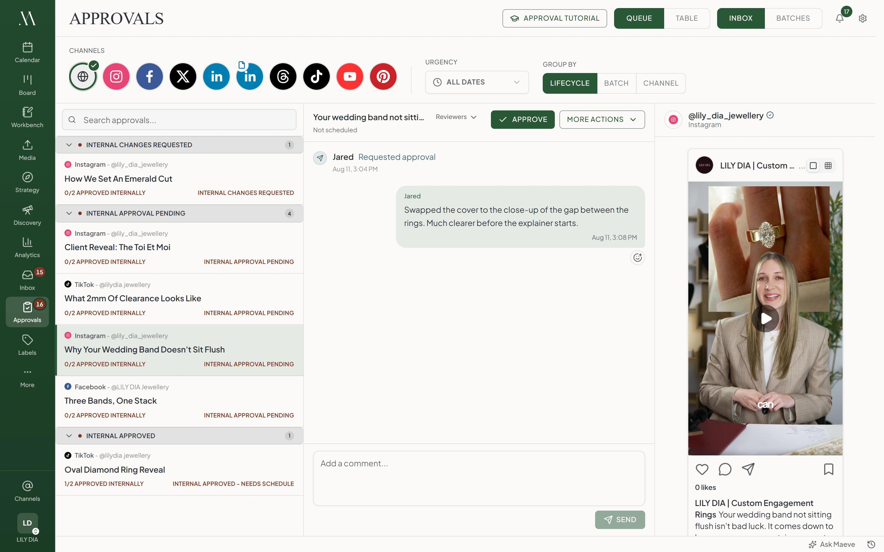Maeve approvals workspace with a queue of posts grouped by review stage, and an open post showing its preview and internal approval thread side by side
