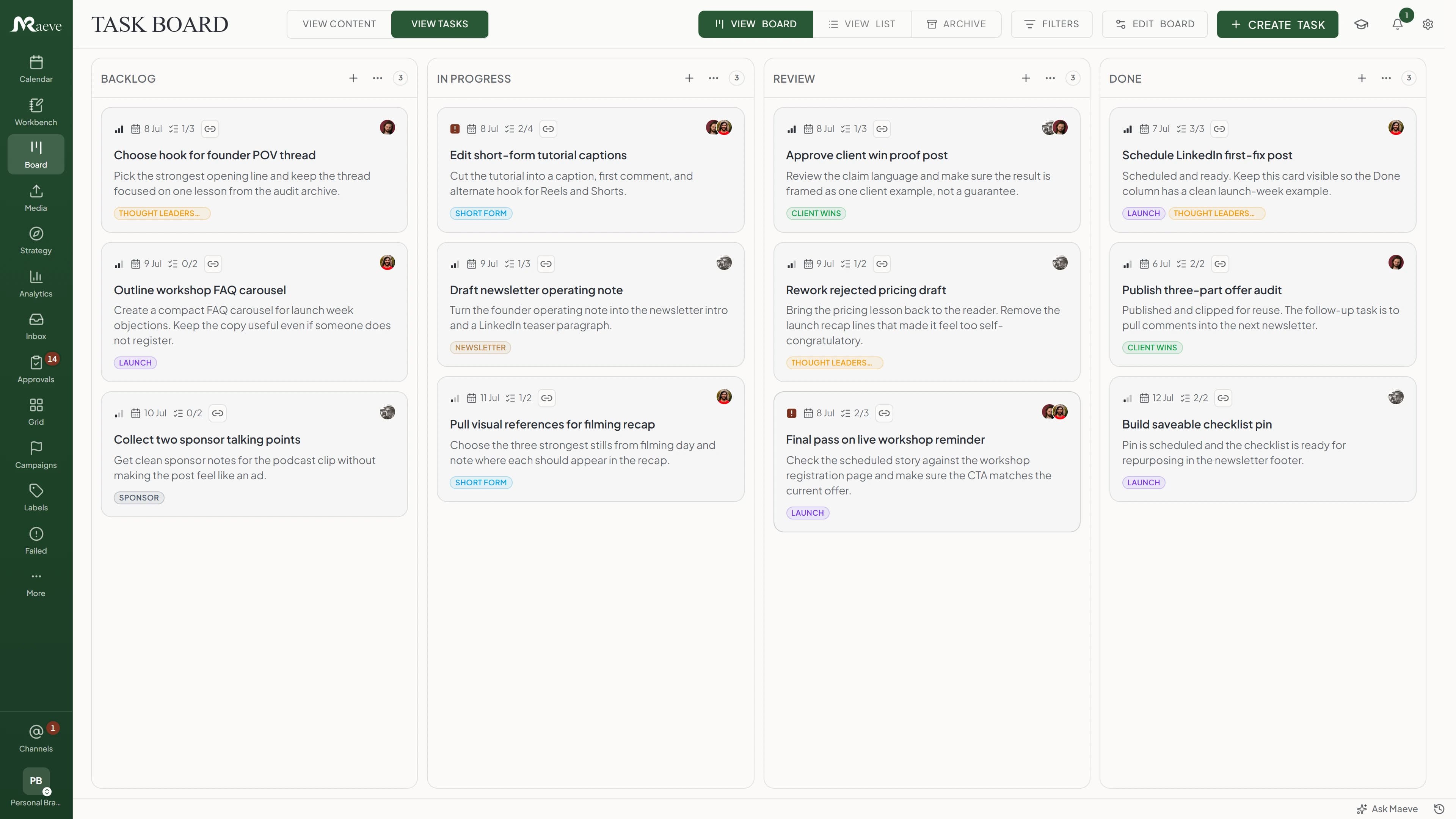 Maeve task board with task cards across Backlog, In Progress, Review, and Done columns
