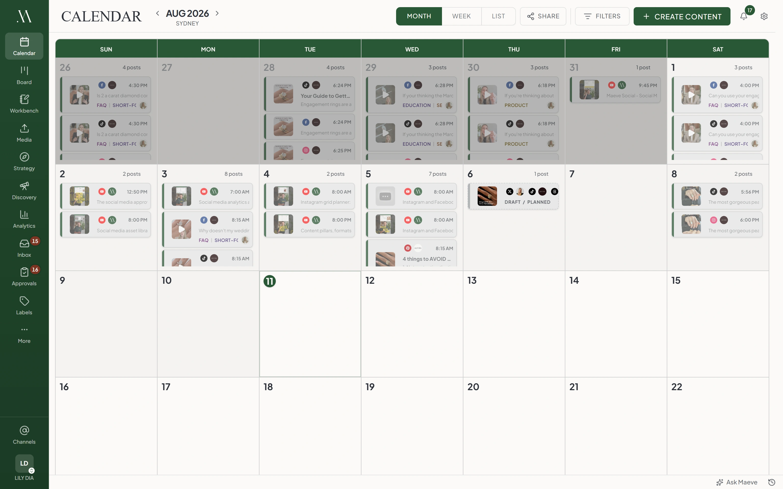 Maeve calendar in month view with days stacked with scheduled posts showing thumbnails, times, platforms, and content labels