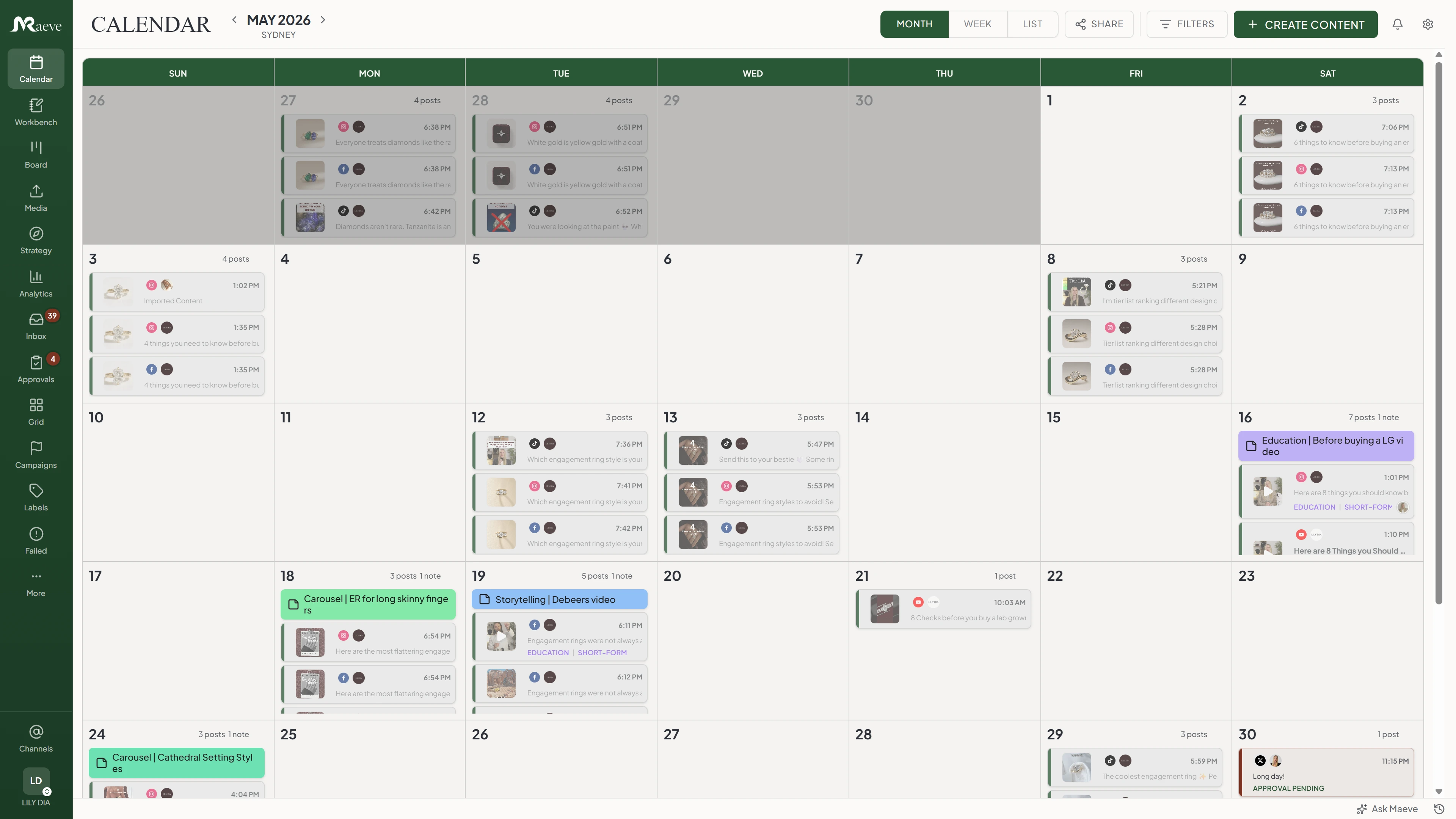 Maeve calendar in month view, each day stacked with scheduled posts color-coded by status and platform