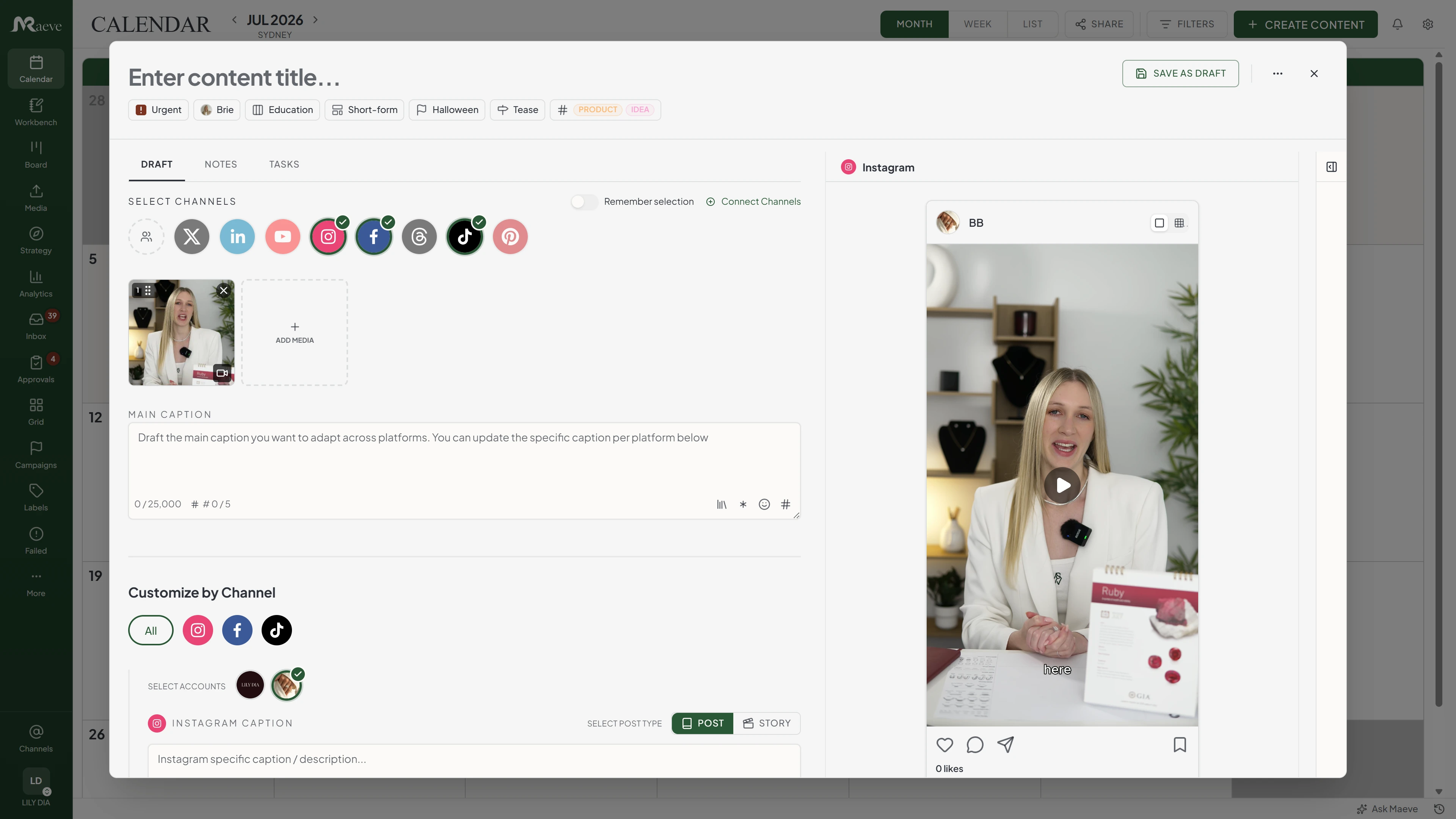 Maeve content editor with channels selected, a main caption, and a live TikTok preview of the post beside it
