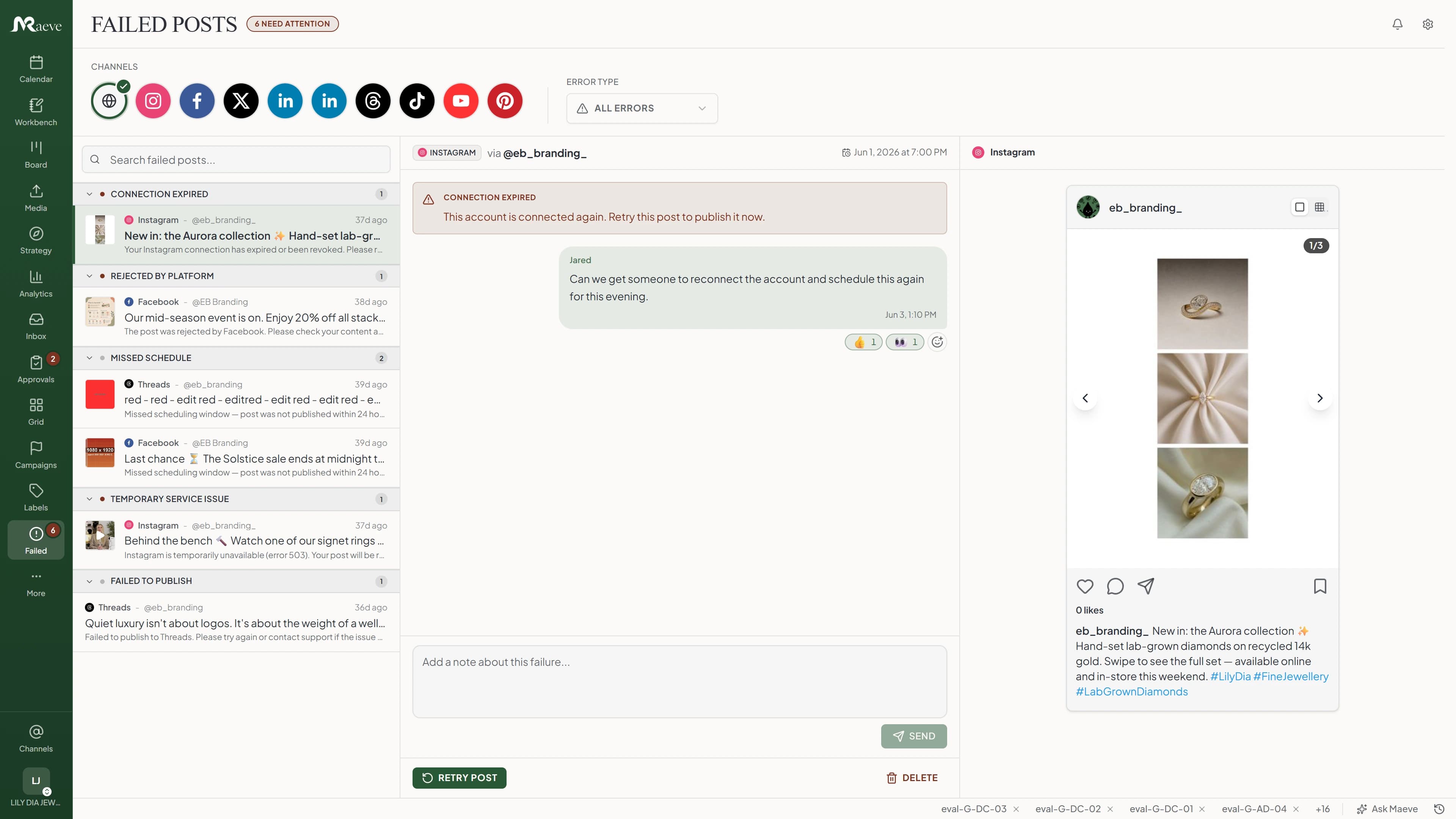 Maeve failed-posts view with scheduled posts grouped by error type, an Instagram connection error and reconnect guidance, and the post preview