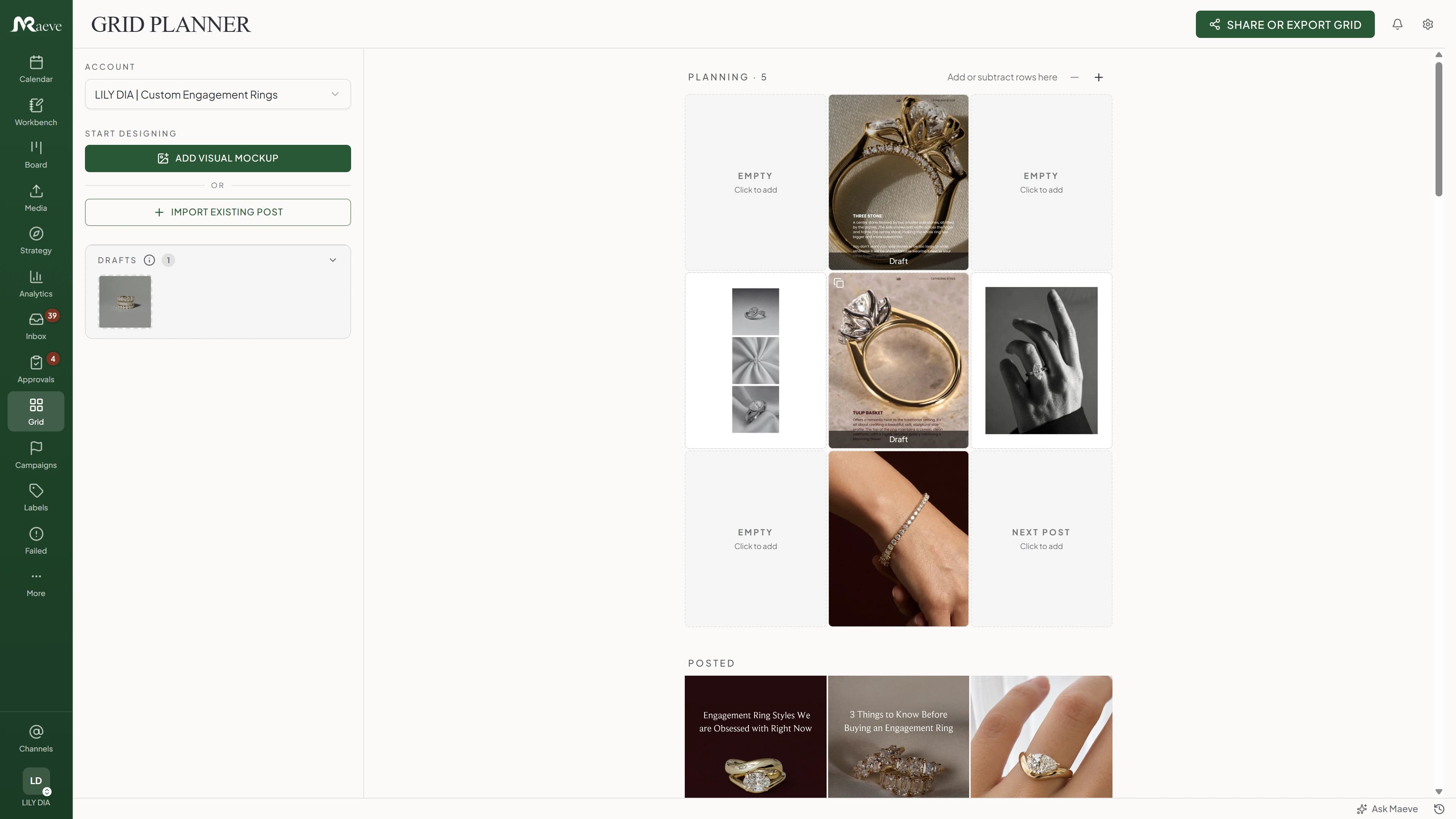Maeve Instagram grid planner with drafts and posted tiles laid out in the three-wide feed, plus empty slots to fill