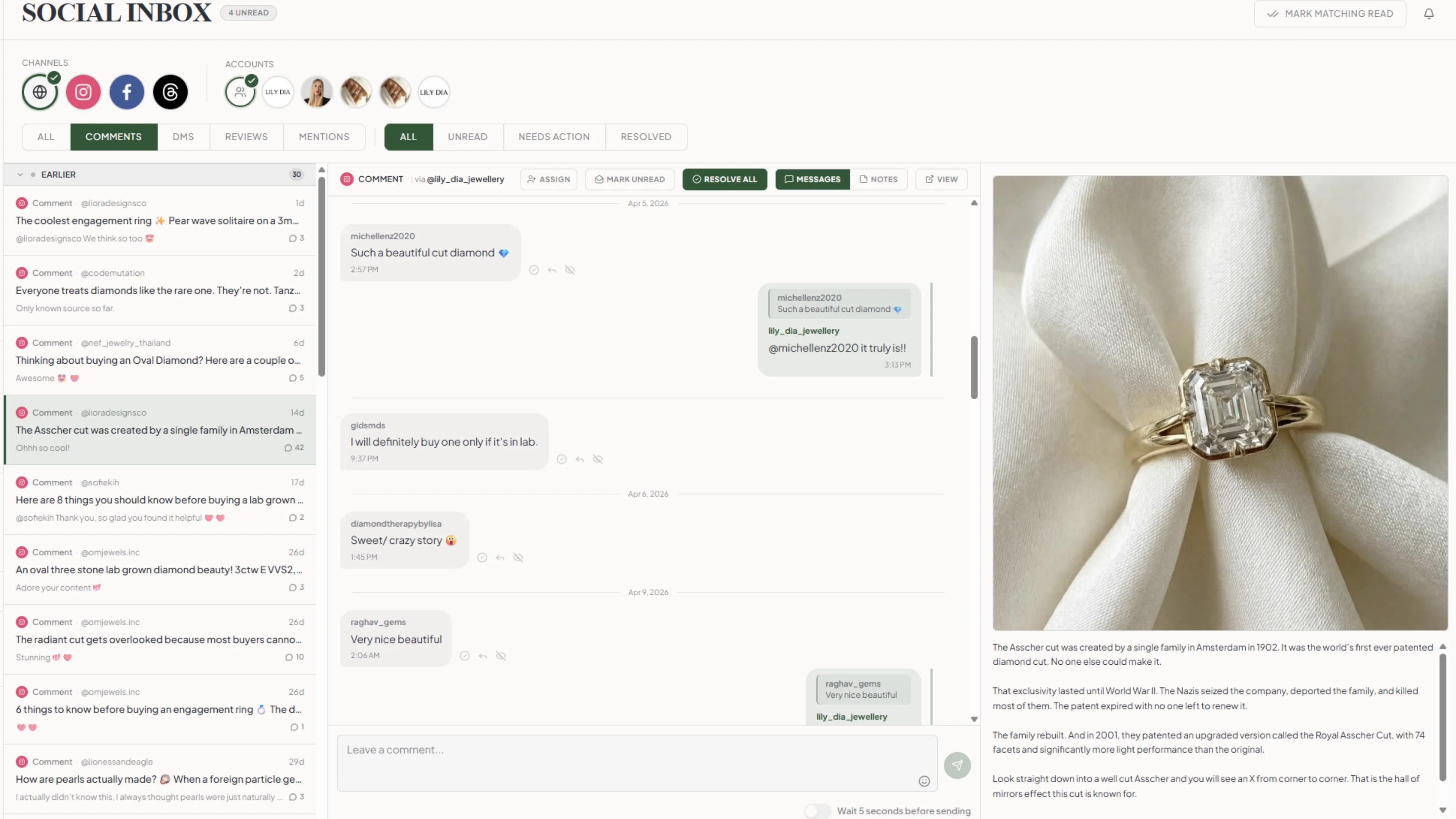Maeve social inbox with a list of comments and DMs, an open conversation thread, and the related post preview