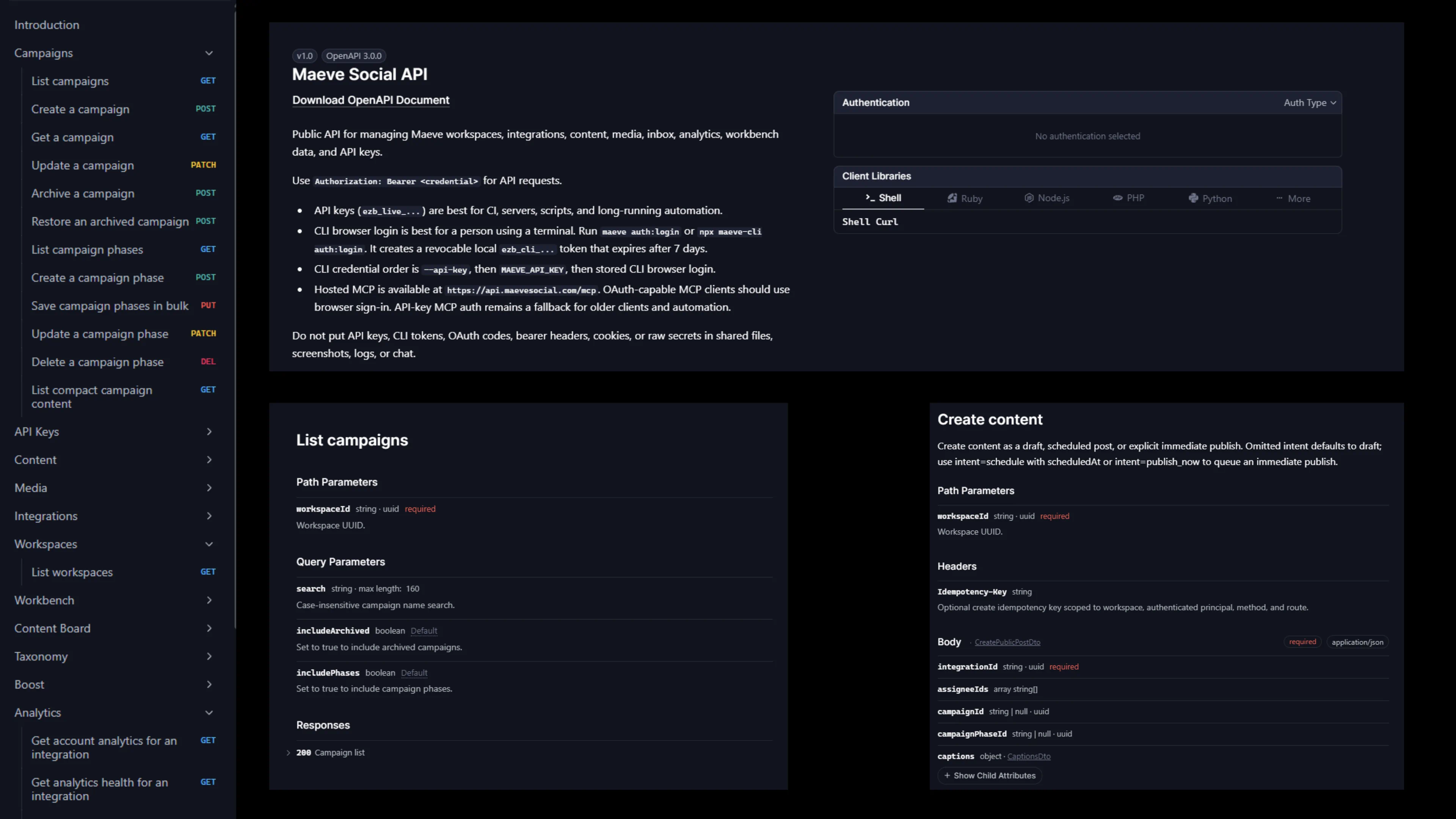 Maeve Social API reference with an endpoint sidebar, the OpenAPI overview, and campaign and content endpoints