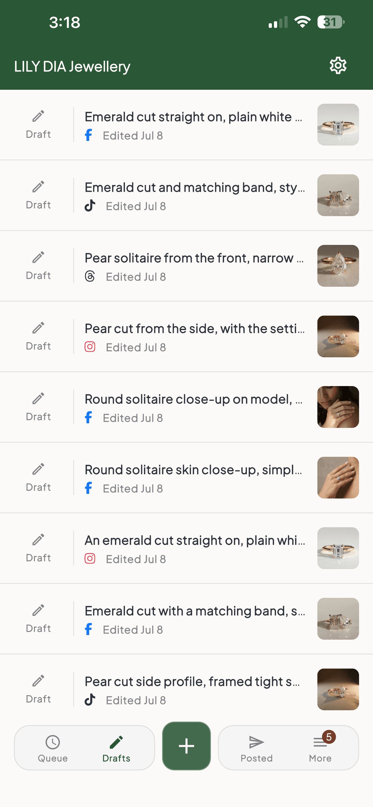Maeve mobile app showing a list of draft posts with their platform and last-edited date