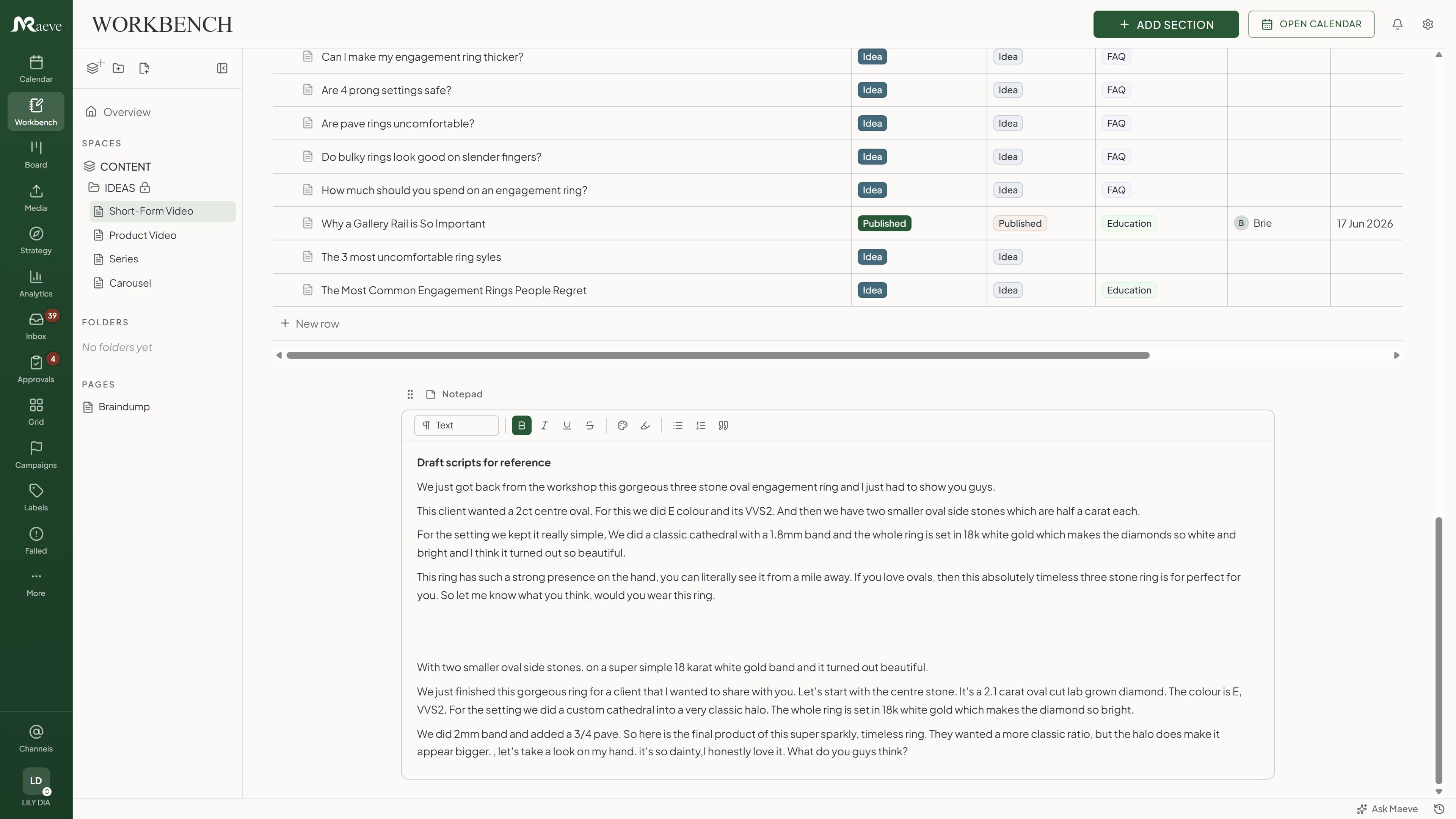 Maeve workbench showing an ideas page with a planning table of draft topics and a notepad of draft scripts below